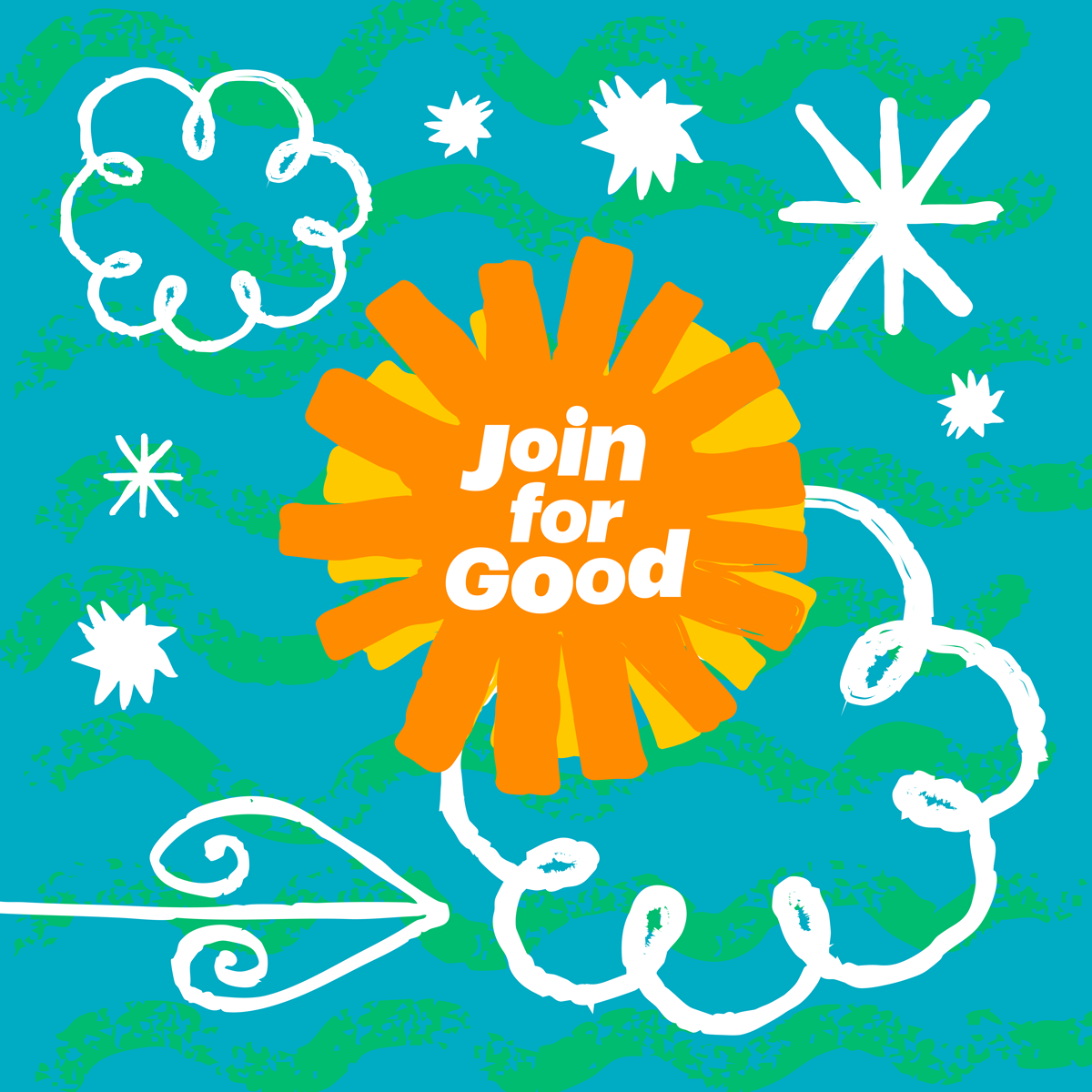 Join for good in a light orange flower with teal and dark blue background patterns